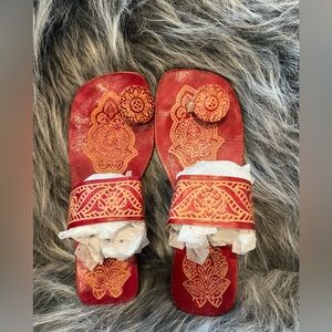 Handmade Hand-Tooled Leather Slide Sandals Red Boho Artisan Flats Women’s 10